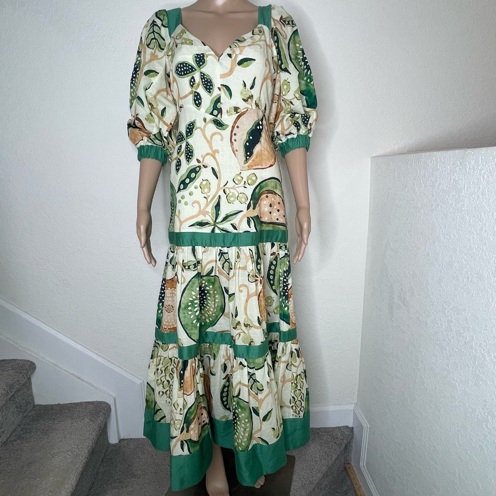 Alexis Pireah Nwt 3/4 Sleeve Midi Linen Blend Printed Dress Xs Multicolor